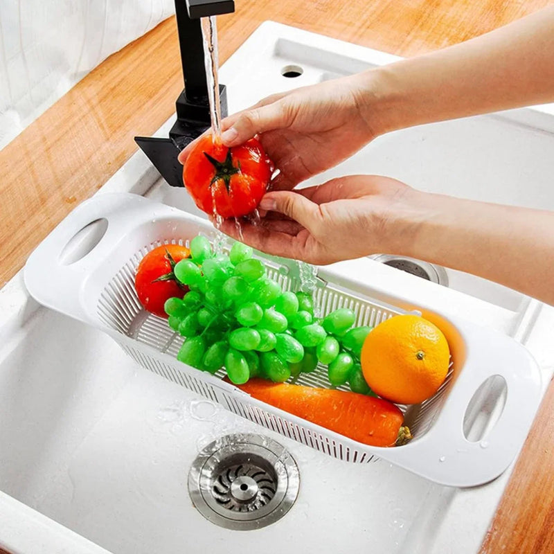 Escorredor de Pia Retrátil com Alças – Cesta Ajustável para Frutas, Pratos e Legumes – Organização Versátil – CompraSmart™