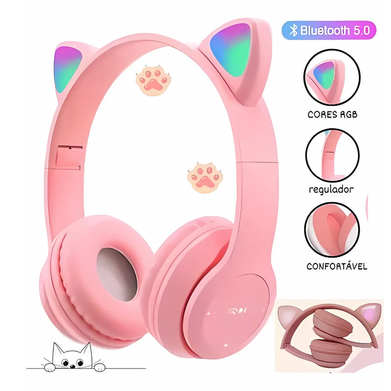 Fone de Ouvido Orelha Gatinho Bluetooth Infantil com LED – CompraSmart™