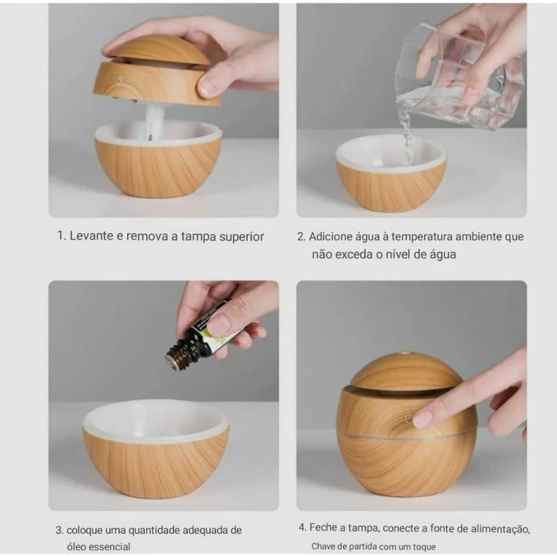 Mini Umidificador e Aromatizador de Ar Tipo Madeira – Elegância, Bem-estar e Conforto – CompraSmart™