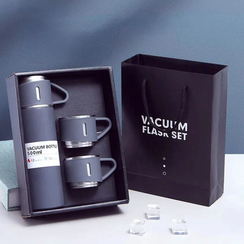 Kit Conjunto Garrafa Térmica com Tampa & Xícaras 500ml – Mantém Bebidas Quentes ou Frias por até 12h – CompraSmart™