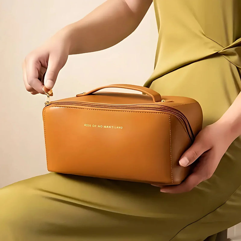 Bolsa Necessaire Feminina de Couro para Maquiagem e Cosméticos – Grande Capacidade Portátil para Viagem – CompraSmart™