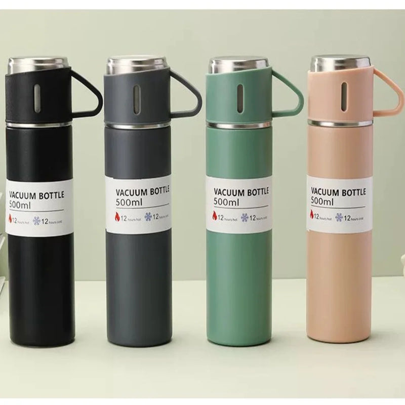 Kit Conjunto Garrafa Térmica com Tampa & Xícaras 500ml – Mantém Bebidas Quentes ou Frias por até 12h – CompraSmart™