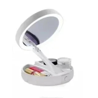 Espelho de Mesa com LED Dupla Face 10x – Iluminação e Aumento para Maquiagem com Organizador – CompraSmart™