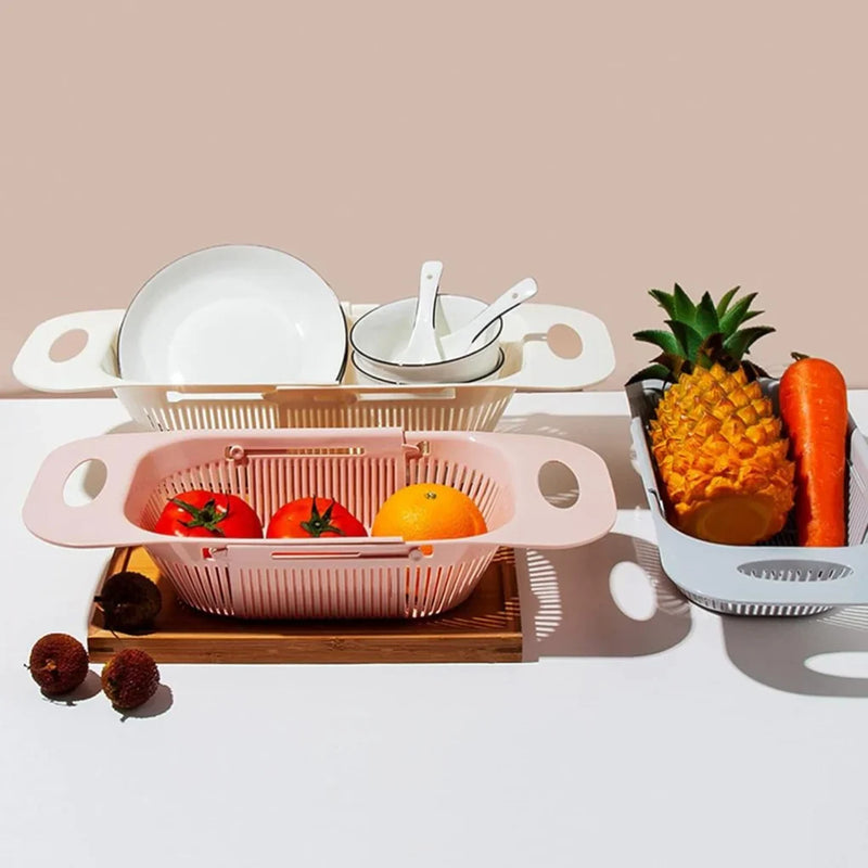 Escorredor de Pia Retrátil com Alças – Cesta Ajustável para Frutas, Pratos e Legumes – Organização Versátil – CompraSmart™