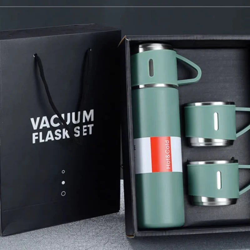 Kit Conjunto Garrafa Térmica com Tampa & Xícaras 500ml – Mantém Bebidas Quentes ou Frias por até 12h – CompraSmart™
