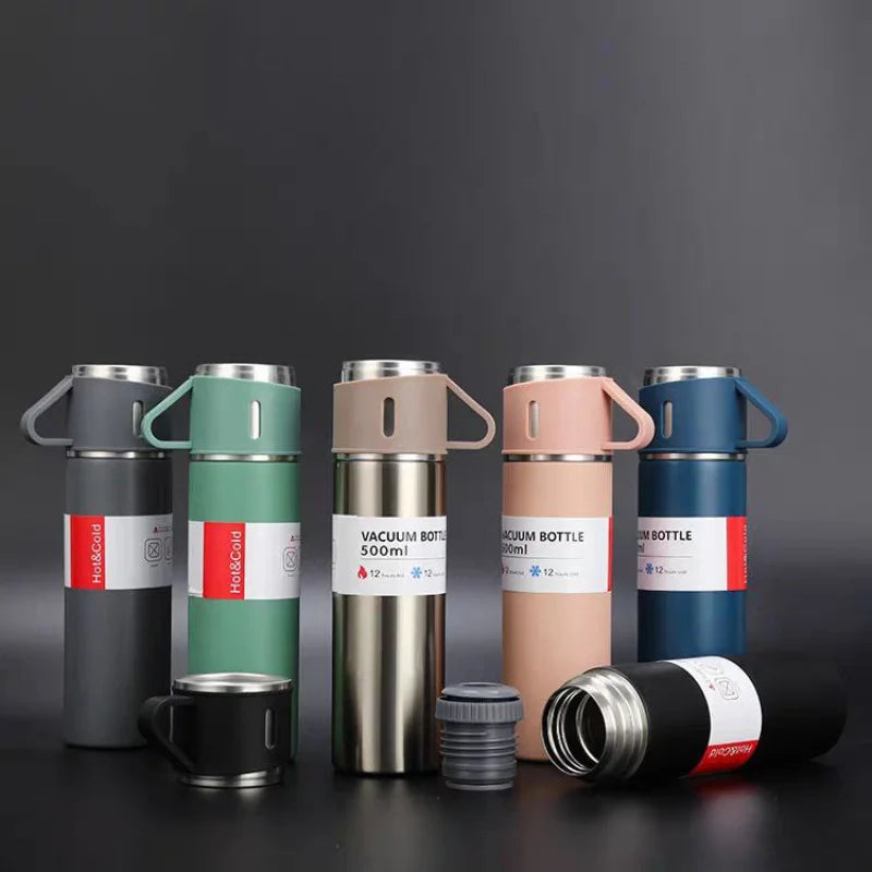 Kit Conjunto Garrafa Térmica com Tampa & Xícaras 500ml – Mantém Bebidas Quentes ou Frias por até 12h – CompraSmart™