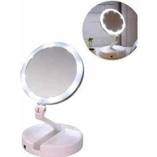 Espelho de Mesa com LED Dupla Face 10x – Iluminação e Aumento para Maquiagem com Organizador – CompraSmart™