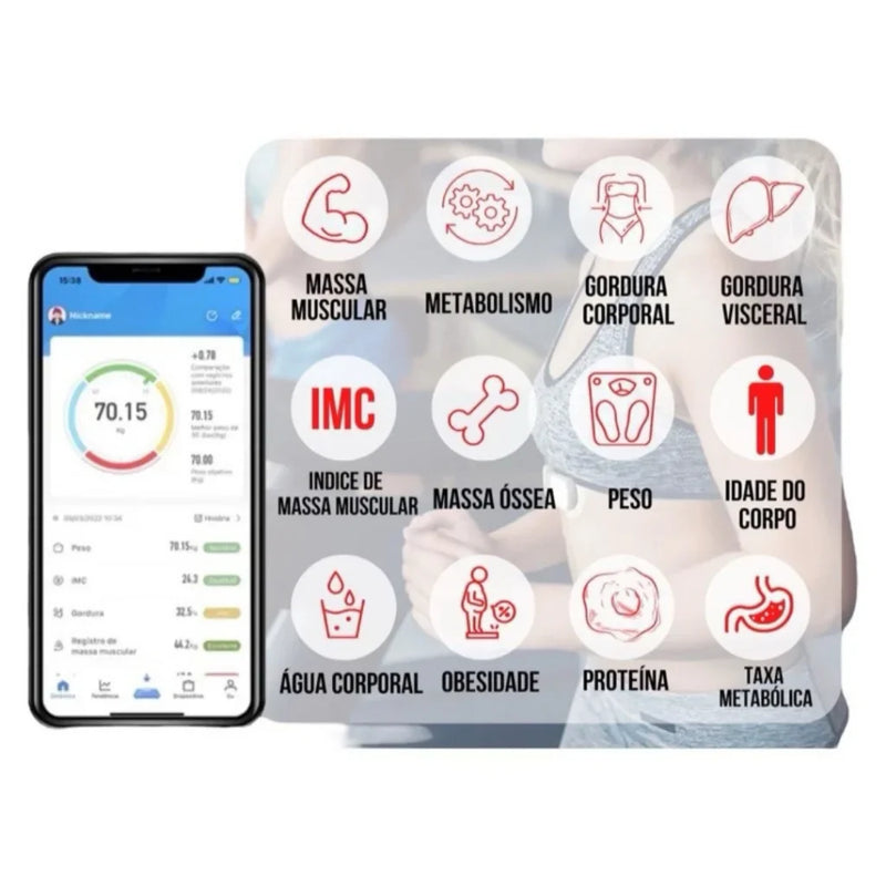 Balança Digital Corporal de Bioimpedância Bluetooth – 17 Indicadores no Celular até 180kg – CompraSmart™