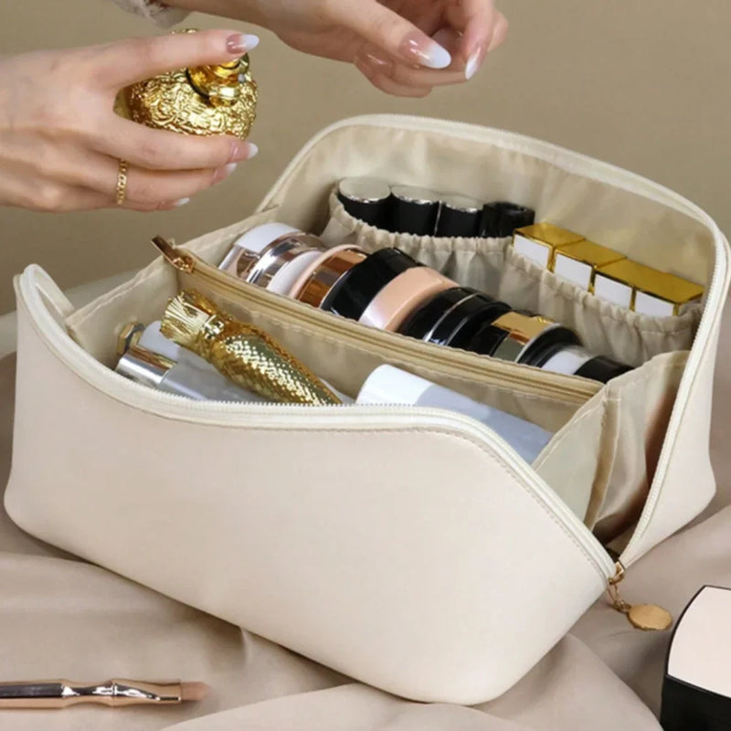 Bolsa Necessaire Feminina de Couro para Maquiagem e Cosméticos – Grande Capacidade Portátil para Viagem – CompraSmart™