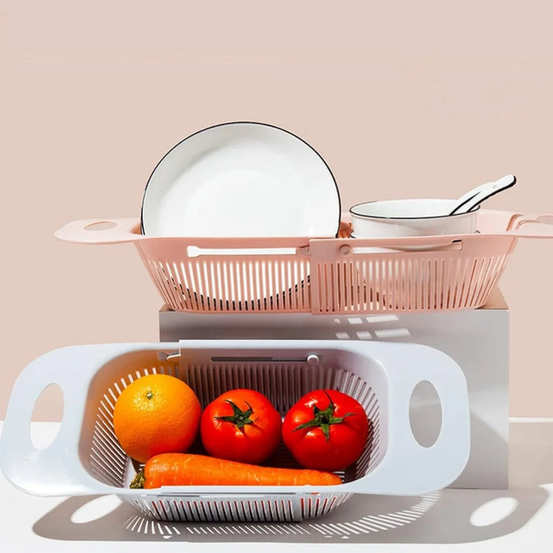 Escorredor de Pia Retrátil com Alças – Cesta Ajustável para Frutas, Pratos e Legumes – Organização Versátil – CompraSmart™