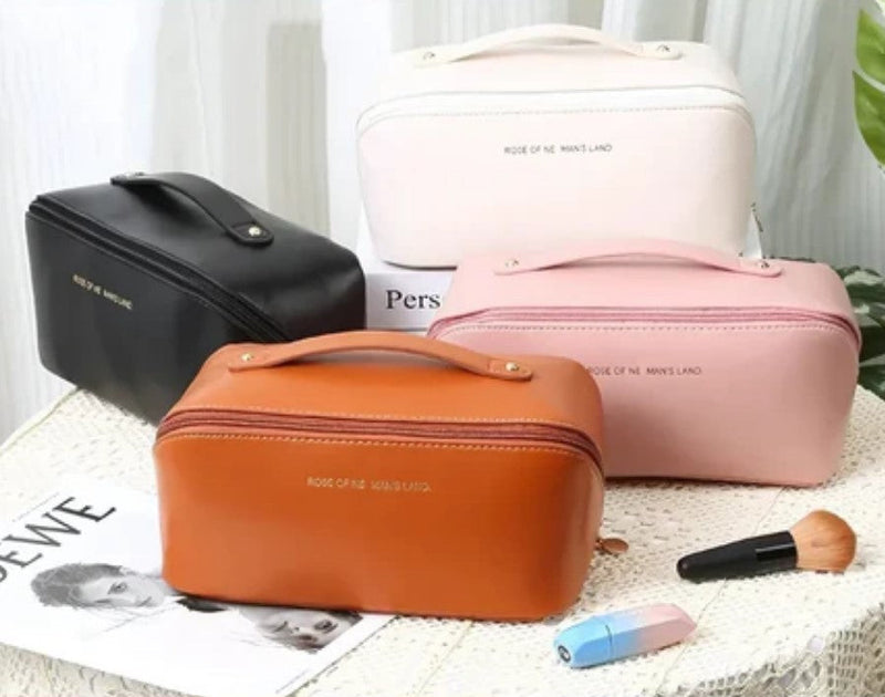 Bolsa Necessaire Feminina de Couro para Maquiagem e Cosméticos – Grande Capacidade Portátil para Viagem – CompraSmart™