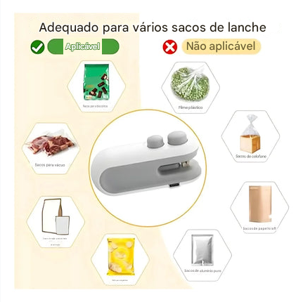 Mini Selador de Embalagem Recarregável USB com Cortador – Conservação de Alimentos e Vedação a Vácuo Portátil – CompraSmart™