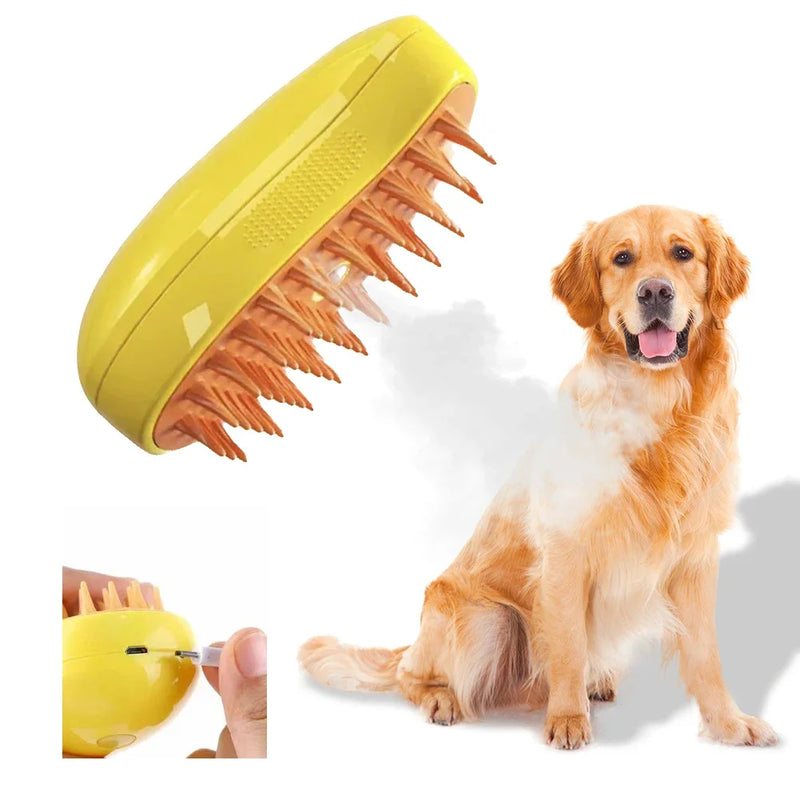 Escova Elétrica a Vapor para Gatos e Cães – 3 em 1 Massagem, Limpeza e Remoção de Pelos – CompraSmart™