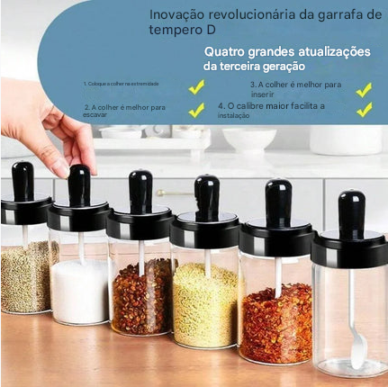 Porta Temperos de Vidro com Tampa Plástica e Colher Medidora – Armazenamento de Sal, Açúcar, Condimentos e Especiarias – CompraSmart™