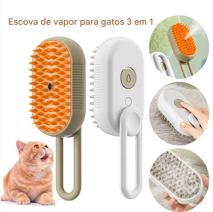 Escova a Vapor 3 em 1 para Gatos e Cães – Limpeza, Remoção de Pelos e Massagem – CompraSmart™